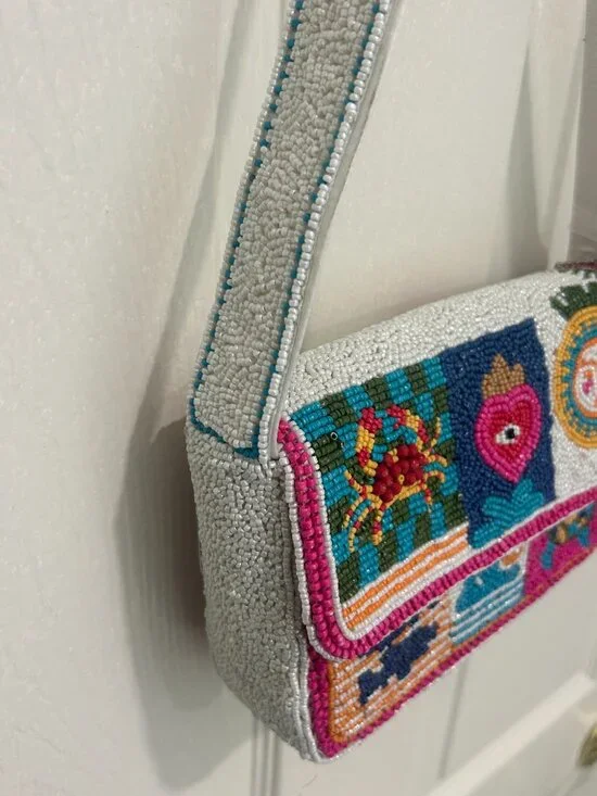 India Beaded Bag Evil Eye Crab Turtle  Summer Beach Towel Umbrella NWT - Picture 3 of 6